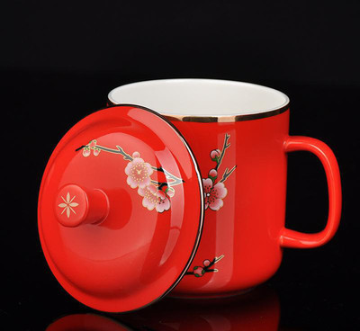 廠家 醴陵中國紅瓷 梅花紋陶瓷杯子 質(zhì)優(yōu)價廉團(tuán)購禮品瓷